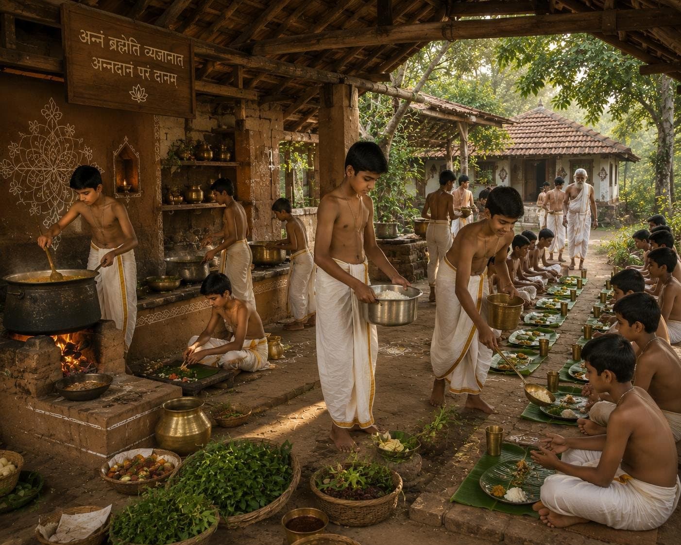 Illustration of students serving and sharing a meal on banana leaves in an open-sided dining space.