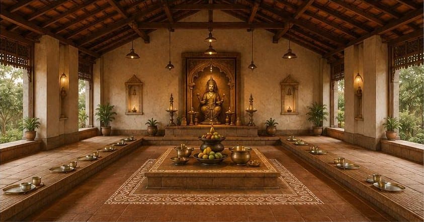 Illustration of the Annapurna Mandapam dining hall with raised seating platforms, a central platform for food and a shrine of Annapurna Maata.
