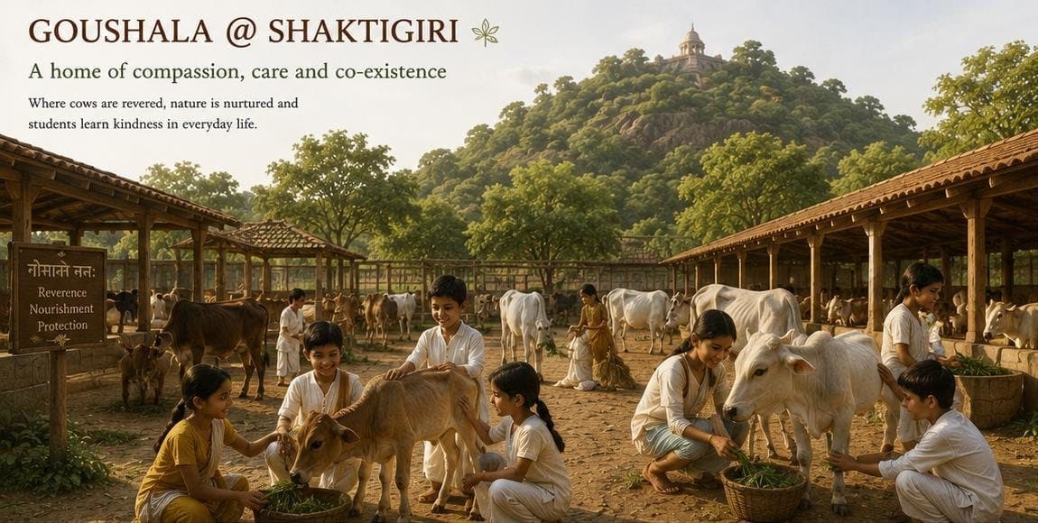 Illustration of children feeding and caring for cows and calves in an open goushala beneath the hill.