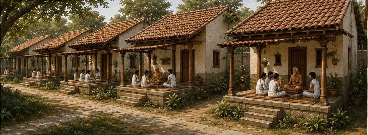 Illustration of a row of tiled-roof Guru residences, each with a semi-open Veda Mandapam where a Guru sits with students.