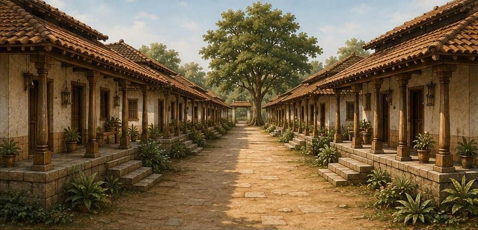 Illustration of Gurupadam Street: a shaded earthen street lined on both sides by tiled-roof houses with timber-pillared verandahs.
