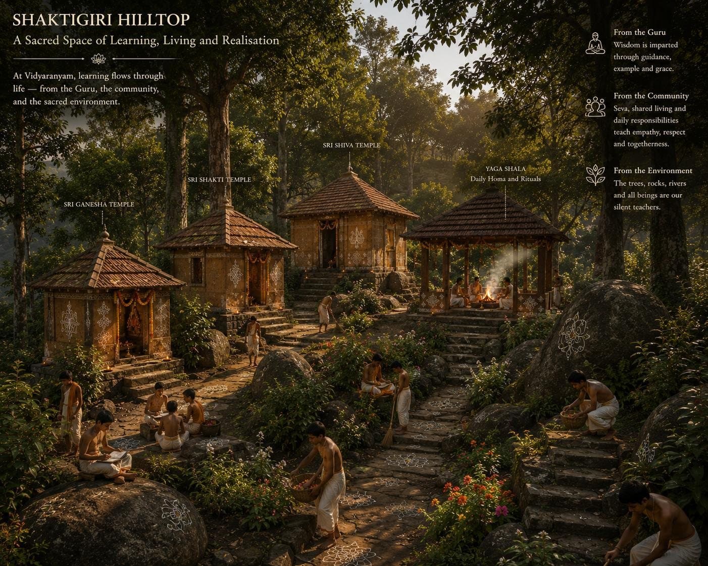 Illustration of the Shaktigiri hilltop with small tiled-roof temples to Sri Ganesha, Sri Shakti and Sri Shiva and an open Yaga Shala, with students studying and tending the grounds.
