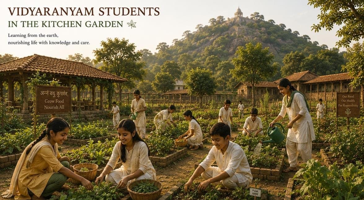 Illustration of students tending raised vegetable beds in the kitchen garden with the hill in the background.