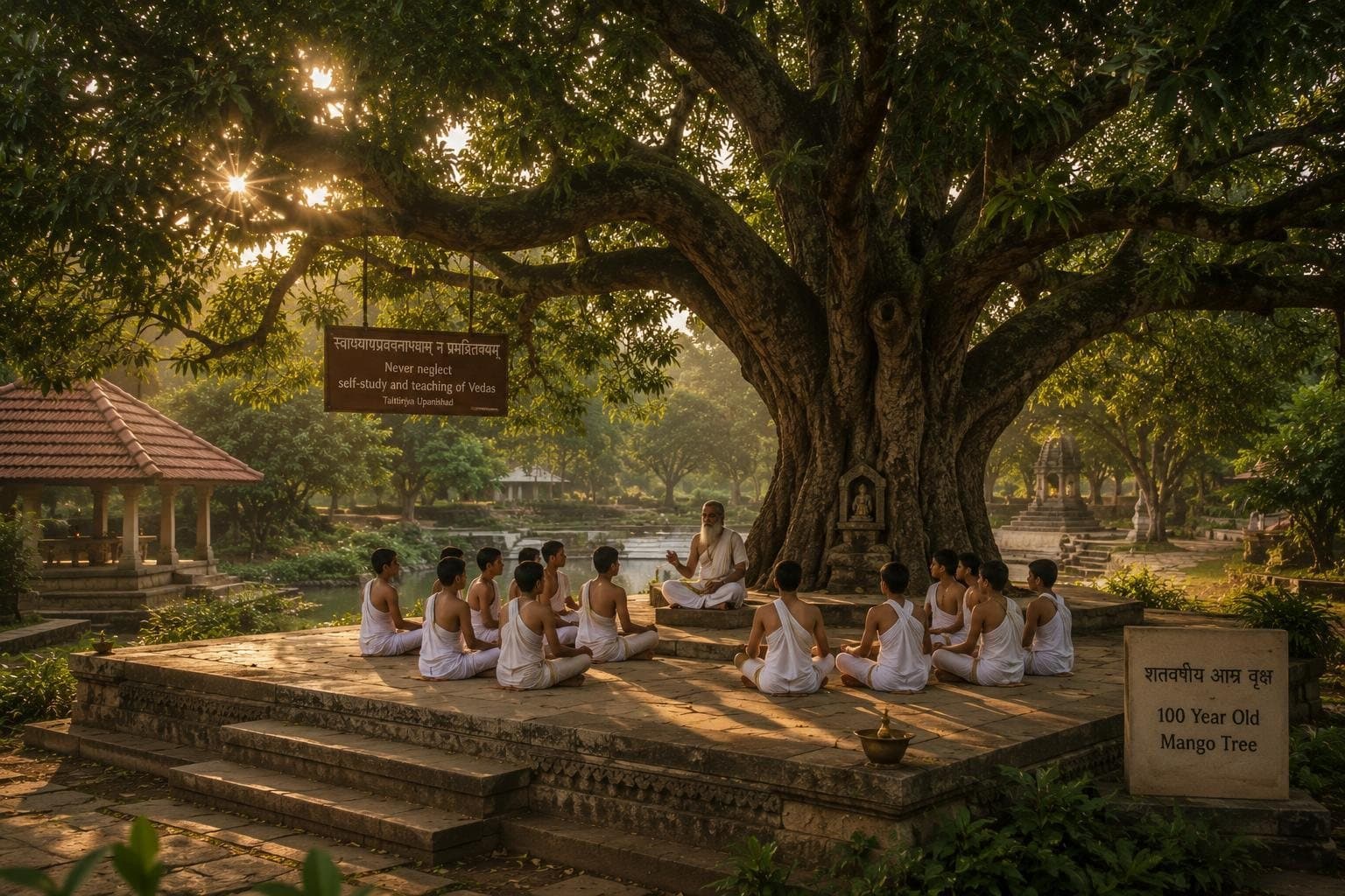 Illustration of a Guru teaching a circle of students on a stone platform beneath a vast old mango tree, with a sign reading 'Never neglect self-study and teaching of Vedas — Taittiriya Upanishad'.