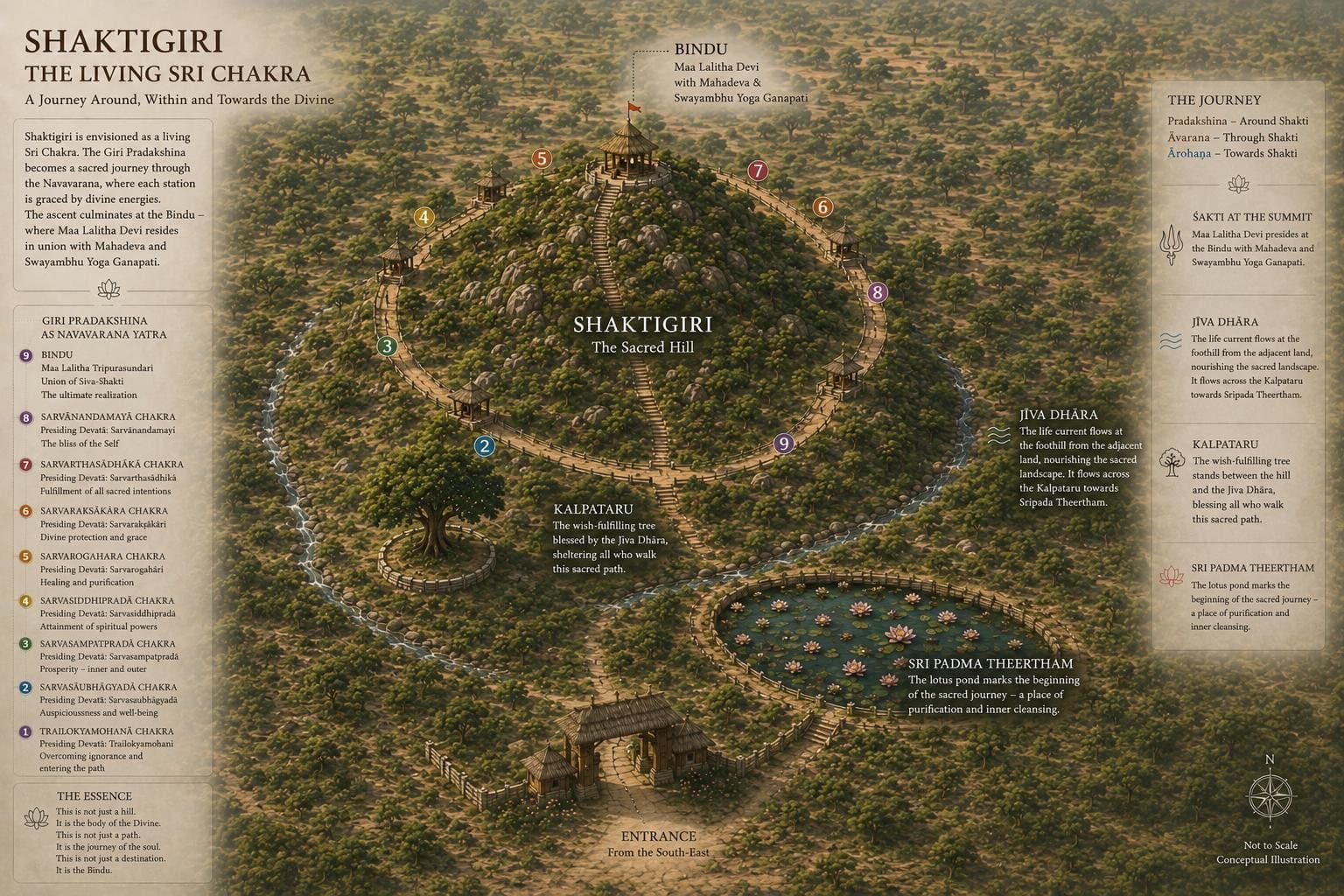 Illustrated map of the Giri Pradakshina as a Navavarana Yatra: nine numbered stations on the circuit around the hill, ascending to the Bindu at the summit.