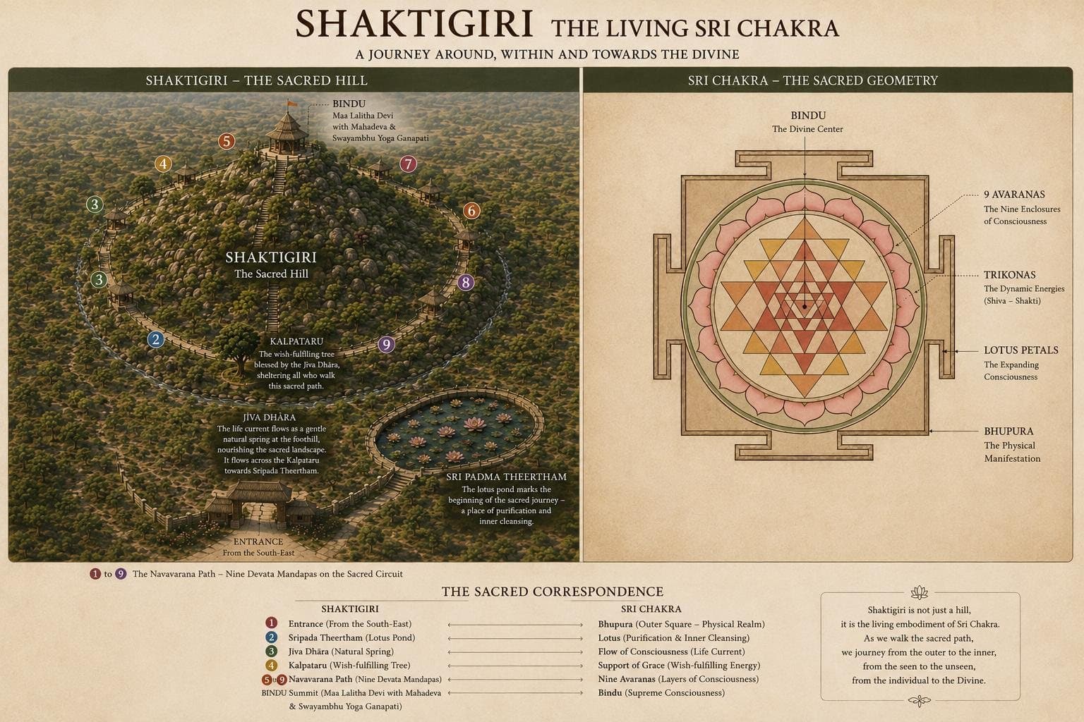 Diagram comparing the Shaktigiri hill with the Sri Chakra: the entrance, lotus pond, spring, Kalpataru, nine mandapas and summit mapped to the Bhupura, lotus petals, avaranas and Bindu.