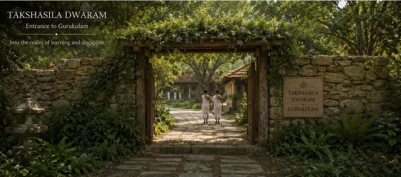Illustration of Takshasila Dwaram, a gateway in a dry-stone wall through which two students walk towards the Gurukulam.