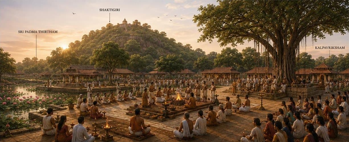 Illustration of the Utsava Pranganam at dusk: a large gathering seated around a sacred fire between the lotus pond and a great banyan tree, with the hill beyond.