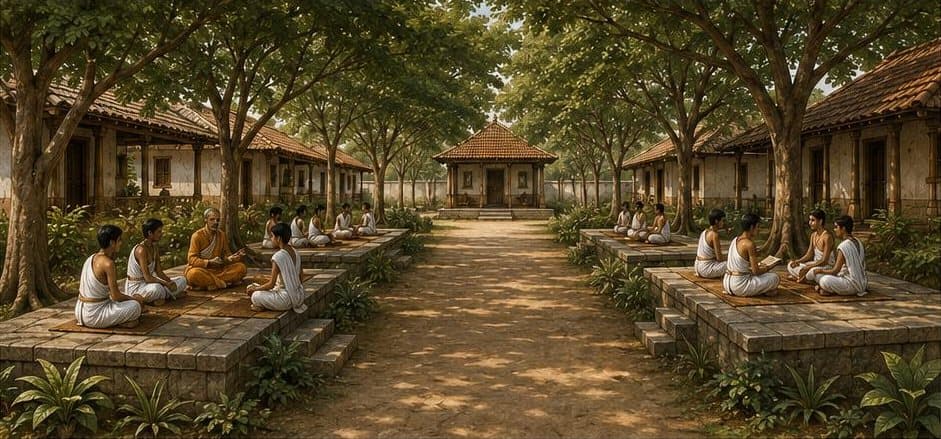 Illustration of Veda Mandapam Street: raised stone platforms under trees where students sit with their Gurus.