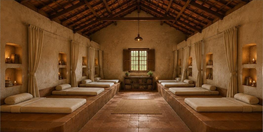Illustration of the interior of Vidya Nilayam: raised bed platforms with niches and curtains under a high pitched timber roof.