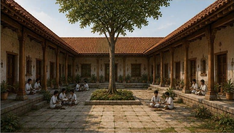 Illustration of Vignana Kendram: classrooms with verandahs arranged around an open courtyard with a central tree.